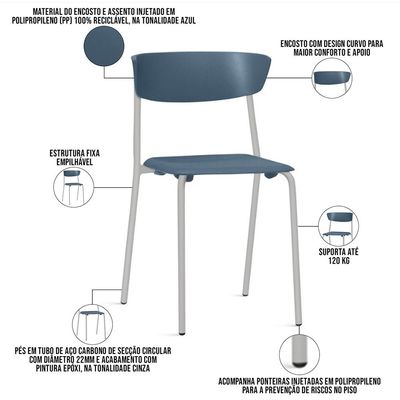 Kit 02 Cadeiras Empilhável Fixa Atom F02 Base Aço Cinza Azul - Lyam Decor