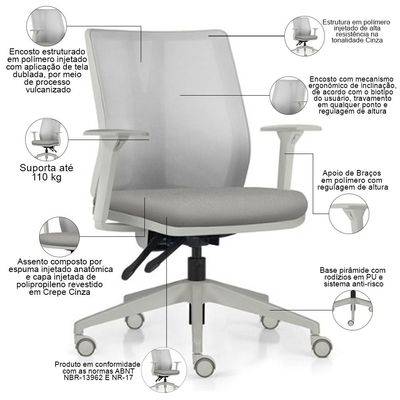 Cadeira de Escritório Giratória Diretor Flow F02 Base Cinza Crepe Cinza - Lyam Decor