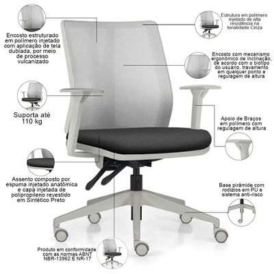 Cadeira de Escritório Giratória Diretor Flow F02 Base Cinza Sintético Preto - Lyam Decor