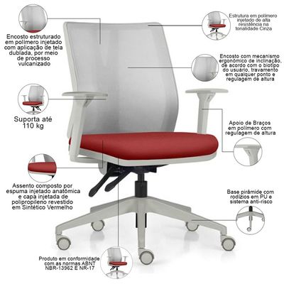 Cadeira de Escritório Giratória Diretor Flow F02 Base Cinza Sintético Vermelho - Lyam Decor