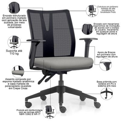 Cadeira de Escritório Giratória Diretor Flow F02 Base Preta Crepe Cinza - Lyam Decor