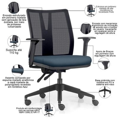 Cadeira de Escritório Giratória Diretor Flow F02 Base Preta Sintético Azul - Lyam Decor