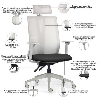 Cadeira Escritório Giratória Presidente Flow F02 Base Cinza Crepe Preto - Lyam Decor