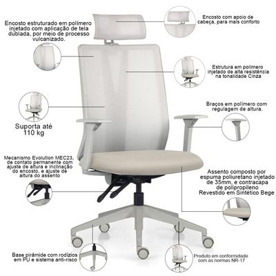Cadeira Escritório Giratória Presidente Flow F02 Base Cinza Sintético Bege - Lyam Decor