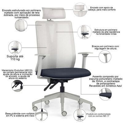 Cadeira Escritório Giratória Presidente Flow F02 Base Cinza Sintético Azul - Lyam Decor