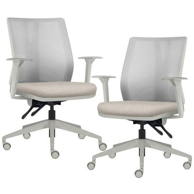 Kit 2 Cadeiras de Escritório Giratória Diretor Flow F02 Base Cinza Linho Bege Claro - Lyam Decor