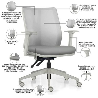 Kit 2 Cadeiras de Escritório Giratória Diretor Flow F02 Base Cinza Sintético Cinza - Lyam Decor