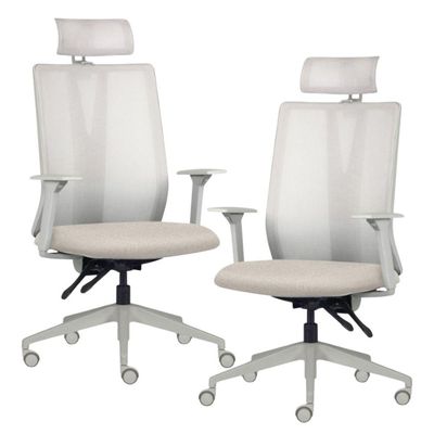 Kit 2 Cadeiras Escritório Giratória Presidente Flow F02 Base Cinza Linho Bege Claro - Lyam Decor