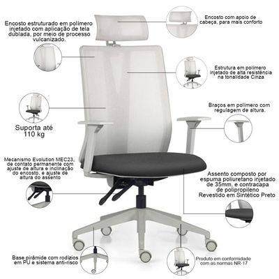 Kit 2 Cadeiras Escritório Giratória Presidente Flow F02 Base Cinza Sintético Preto - Lyam Decor