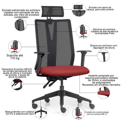 Kit 2 Cadeiras Escritório Giratória Presidente Flow F02 Base Preta Sintético Vermelho - Lyam Decor