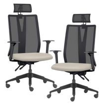 Kit 2 Cadeiras Escritório Giratória Presidente Flow F02 Base Preta Sintético Bege - Lyam Decor