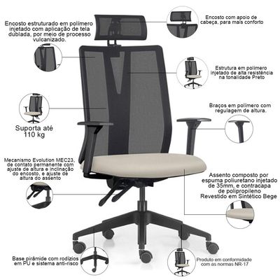 Kit 2 Cadeiras Escritório Giratória Presidente Flow F02 Base Preta Sintético Bege - Lyam Decor