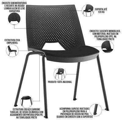 Kit 06 Cadeiras Empilhável Fixa Liked F02 Base Aço Preto - Lyam Decor
