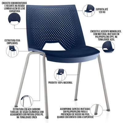 Kit 06 Cadeiras Empilhável Fixa Liked F02 Base Aço Cinza Azul - Lyam Decor
