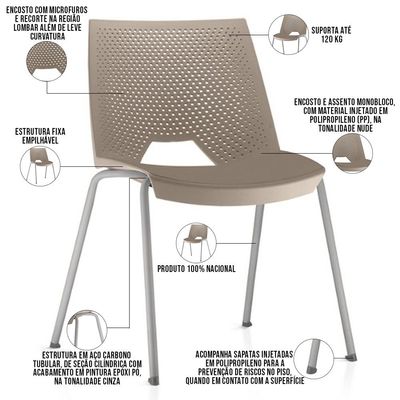 Kit 06 Cadeiras Empilhável Fixa Liked F02 Base Aço Cinza Nude - Lyam Decor
