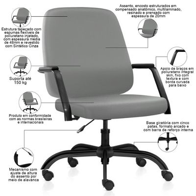Kit 02 Cadeiras Executiva Diretor Base Giratória Hub F02 Sintético Cinza - Lyam Decor