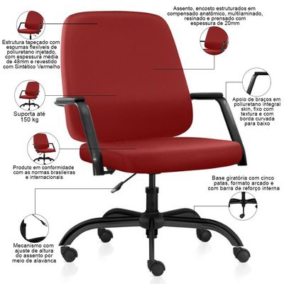 Kit 02 Cadeiras Executiva Diretor Base Giratória Hub F02 Sintético Vermelho - Lyam Decor