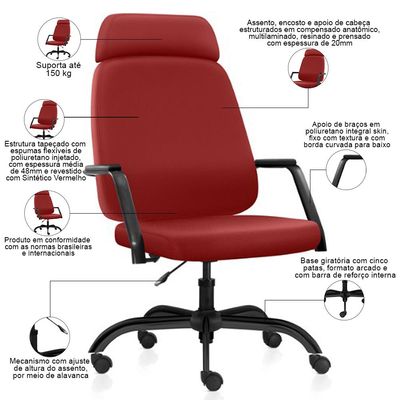 Cadeira de Escritório Giratória Diretor com Apoio de Cabeça Hub F02 Sintético Vermelho - Lyam Decor