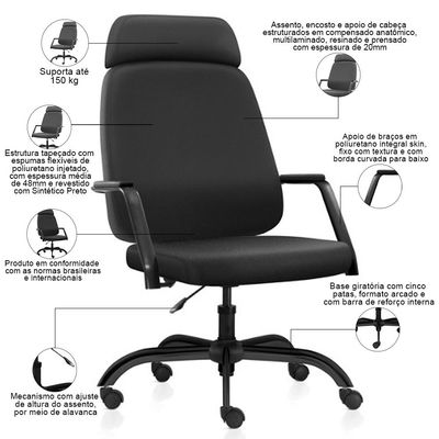 Kit 02 Cadeiras de Escritório Giratória com Apoio de Cabeça Hub F02 Sintético Preto - Lyam Decor