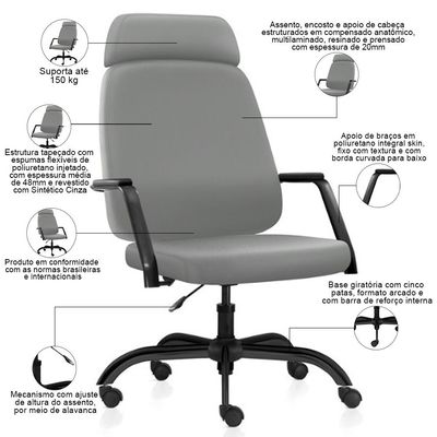 Kit 02 Cadeiras de Escritório Giratória com Apoio de Cabeça Hub F02 Sintético Cinza - Lyam Decor
