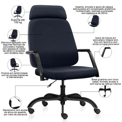 Kit 02 Cadeiras de Escritório Giratória com Apoio de Cabeça Hub F02 Sintético Azul - Lyam Decor