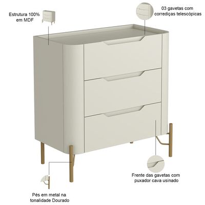 Mesa De Cabeceira Orgânica 3 Gavetas Pés Industrial Dourado Bliss I03 Luna - Lyam Decor