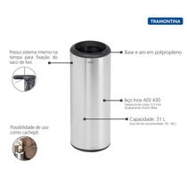 Lixeira Inox Tramontina Cápsula com Acabamento Scotch Brite e Aro e Base em Polipropileno 31 L