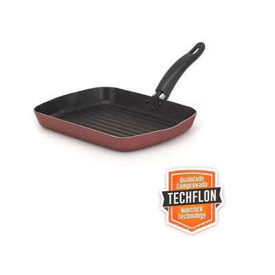 Frigideira Antiaderente Bifeteira Grill Techflon Vermelha