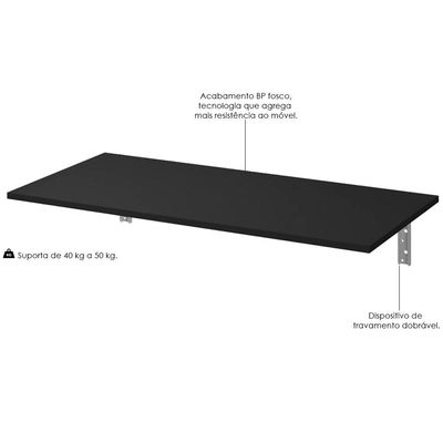 Mesa Dobrável de Parede Cozinha Escritório Slim L03 Suspensa 120x45 BP Preto Fosco - Lyam Decor
