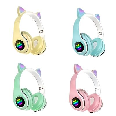 Fone Headset Bluetooth Colorido Com LED Sem Fio Gatinho Cor:Rosa