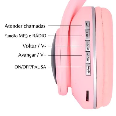 Fone Headset Bluetooth Colorido Com LED Sem Fio Gatinho Cor:Rosa