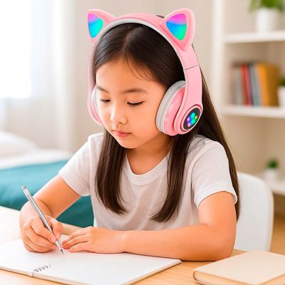 Fone Headset Bluetooth Colorido Com LED Sem Fio Gatinho Cor:Rosa