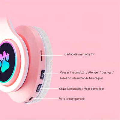 Fone Headset Bluetooth Colorido Com LED Sem Fio Gatinho Cor:Rosa