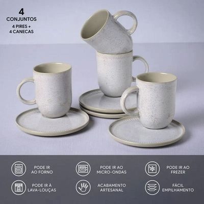 Conjunto de Canecas e Pires Coup Stoneware 330ml 4 Peças Porto Brasil Off White