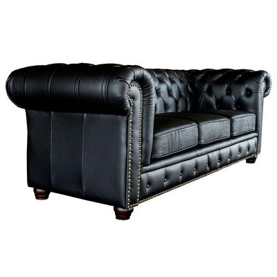 Sofá 3 Lugares Sala de Estar 235cm Chesterfield Pés Madeira Couro Preto - Gran Belo
