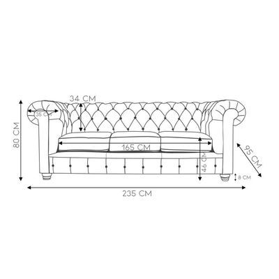 Sofá 3 Lugares Sala de Estar 235cm Chesterfield Pés Madeira Couro Preto - Gran Belo