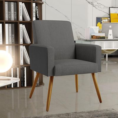 Kit 04 Poltronas Decorativa Maria W01 Pés Palito Linho Cinza Escuro Couríssimo Preto - Lyam Decor