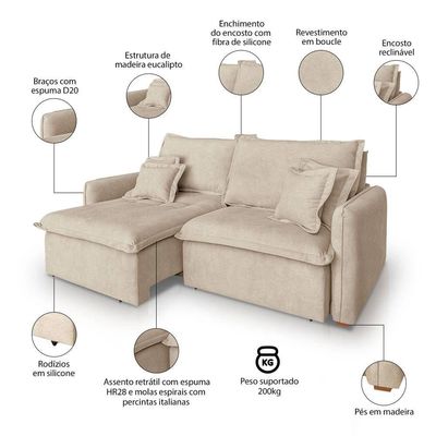 Sofá 2 Lugares 1,60m Retrátil E Reclinável Em Tecido Bouclé – Malta Lucadi Bege