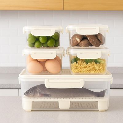 Kit 5 Potes Hermeticos Organizador Trava Lateral Geladeira Multifuncional Cesto Separador Agua Marmita Maleta Alca Livre