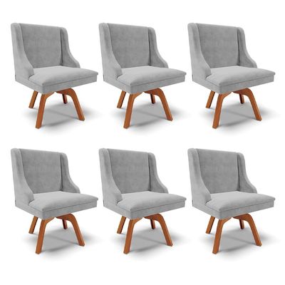 Kit 6 Cadeiras Decorativas Sala de Jantar Base Giratória de Madeira Firenze Suede Cinza/Natural G19 - Gran Belo