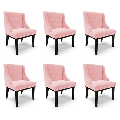 Kit 6 Cadeiras Decorativas Sala de Jantar Base Fixa de Madeira Firenze Suede Rosa Bebê/Preto G19 - Gran Belo