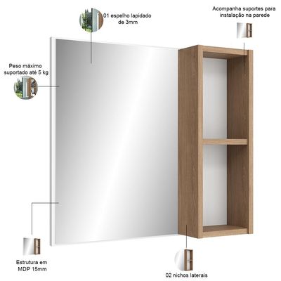Armário Para Banheiro Com Espelho 60cm Ramona B06 Branco Carvalho - Lyam Decor