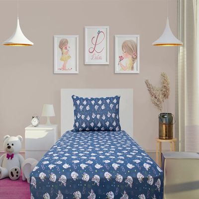 Jogo de Cama Solteiro Doce Vida Malha Misto Estampado Gatocornio 2 Pçs com Elastico Azul