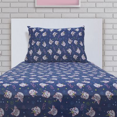 Jogo de Cama Solteiro Doce Vida Malha Misto Estampado Gatocornio 2 Pçs com Elastico Azul