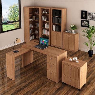 Kit Escritório 6 Peças com Mesa Escritório em L Balcão Gaveteiro Armário Multiuso 2 Estantes Amêndoa