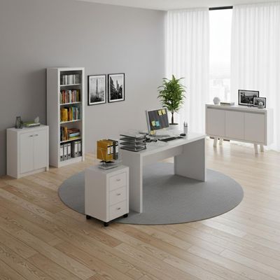 Kit 5 Peças com Escrivaninha, Gaveteiro, Armário Multiuso Baixo, Estante e Balcão Branco