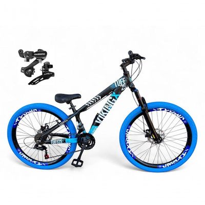 Bicicleta Aro 26 Vikingx Tuff Câmbios Shimano 21v Freeride Freio A Disco Aro Vmaxx Pneu Flame preto-Azul X25