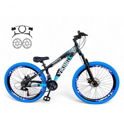 Bicicleta Aro 26 Vikingx Tuff Freio Hidráulico 21v Freeride Rodas Vmaxx Suspensão Pneu Flame preto-Azul X25