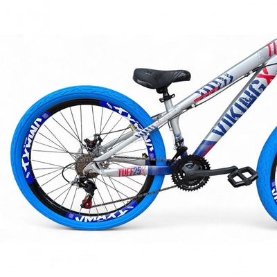 Bicicleta Aro 26 Vikingx Tuff Câmbios Shimano Freio Hidráulico 21v Freeride Aro Vmaxx Flame prata-Azul X25