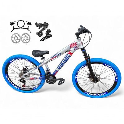 Bicicleta Aro 26 Vikingx Tuff Câmbios Shimano Freio Hidráulico 21v Freeride Aro Vmaxx Flame prata-Azul X25